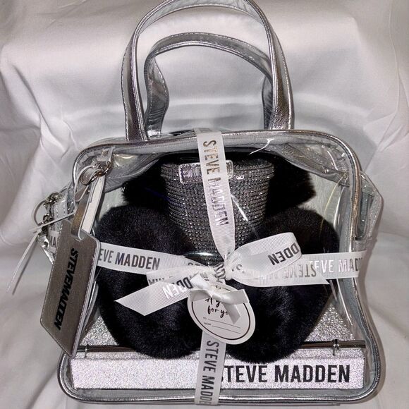Steve Madden 4 Pc Gift Set: Earmuffs, Clear Tote, Luggage Tag, Tumbler w/ Straw - Picture 1 of 8